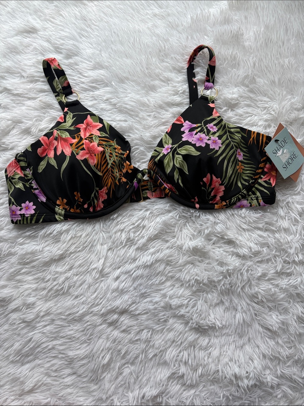 NWT Shade & Shore Black Floral Underwire Bikini Swim Top Size 38D